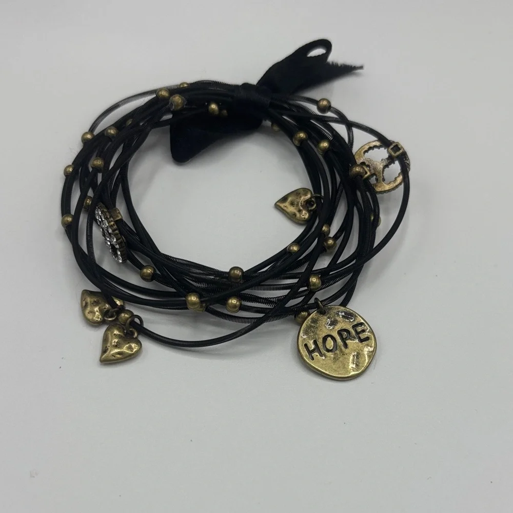 Multi-Strand Black Leather Wrap Bracelet with Gold Hearts
